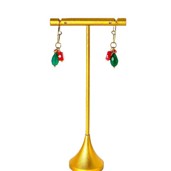 Handmade Green Onyx Chalcedony Hoop Earrings Red Crystal Dainty Christmas Colors - Picture 2 of 7